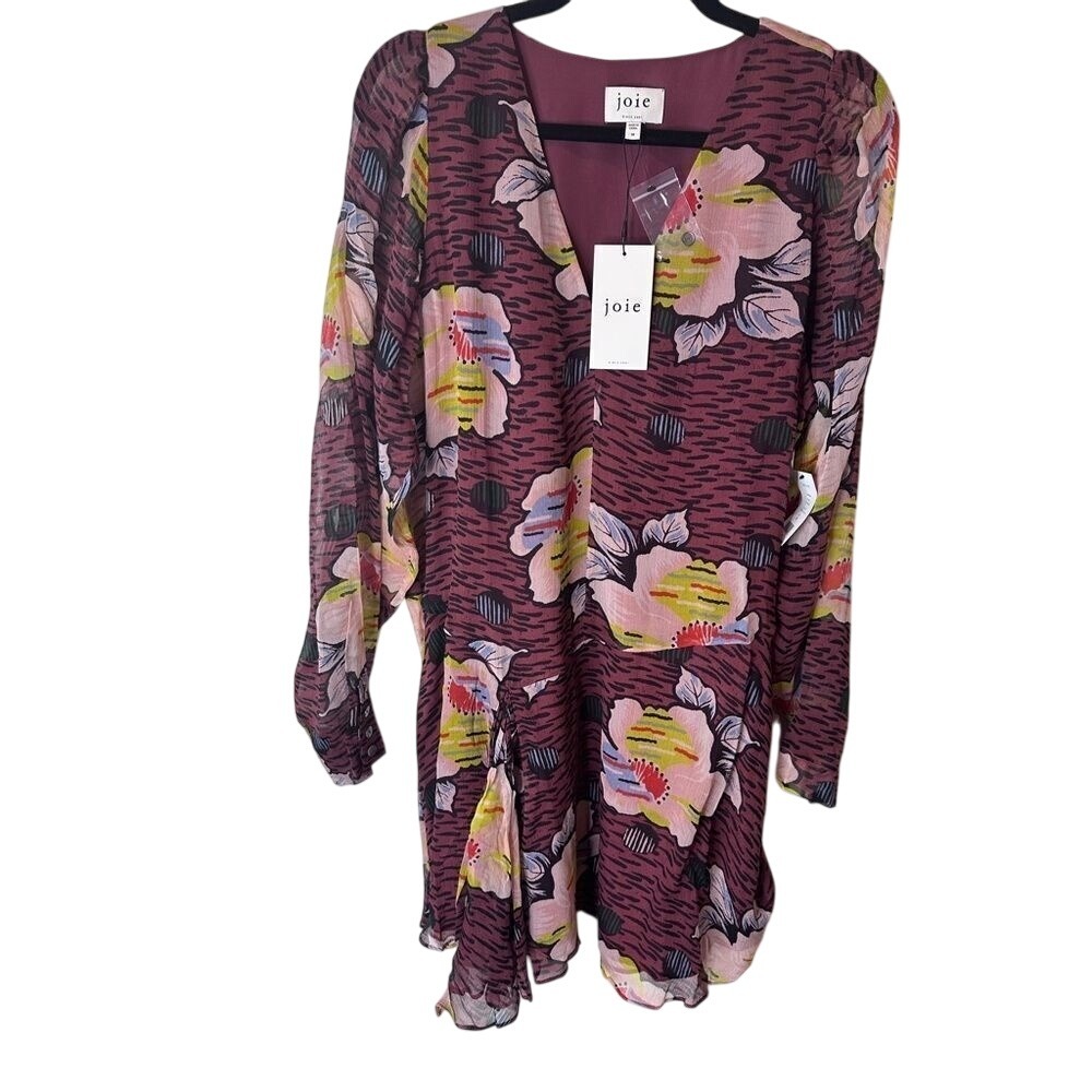 Joie Odilia Silk Mini Dress Oxblood Multi Floral V-Neck Long Sleeve NWT Sz 10